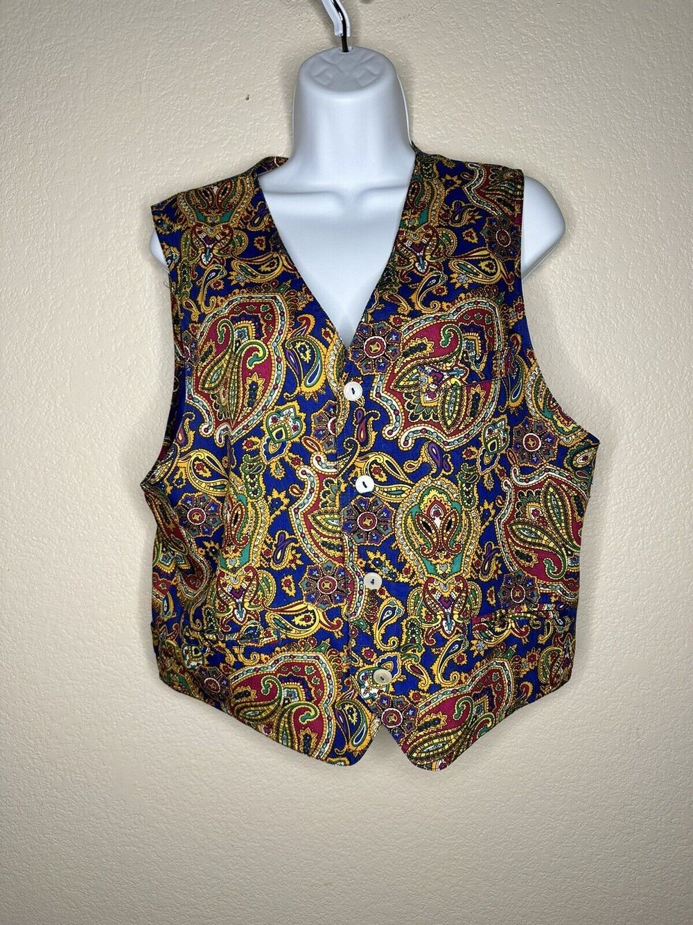 VTG Womens Liz Claiborne LIZWEAR Petite PAISLEY Blue Button Cotton Vest Sz M